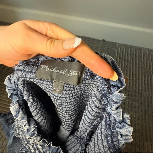 Michael Stars Denim Off Shoulder Rouched Top Embroidered Detail - Picture 4 of 6